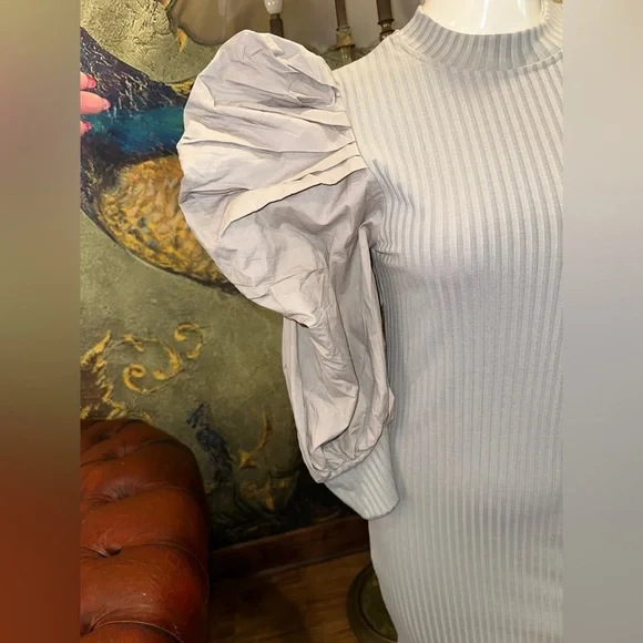 Athina Dramatic Puff Sleeve Ribbed Knit Mini Dress - Minimalist Glam - Picture 5 of 16